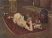 Bernard Hall Nude Reading at studio fire painting